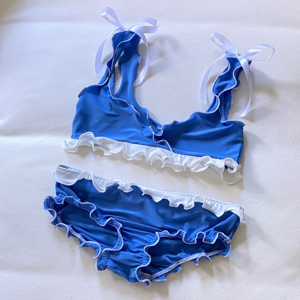 Thalia Lingerie Set - Handmade Blue and White Ruffle Bralette and Panties Set